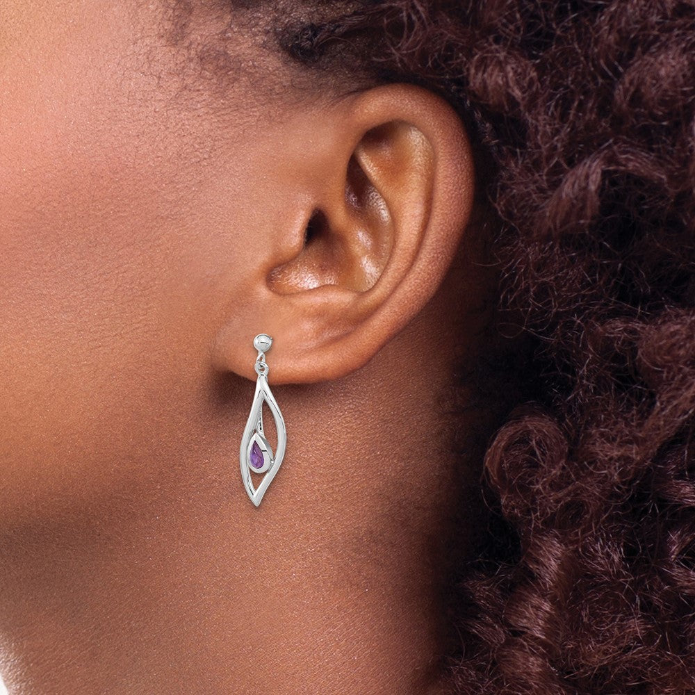 Sterling Silver Rh-plated Amethyst Dangle Post Earrings - Product Photo