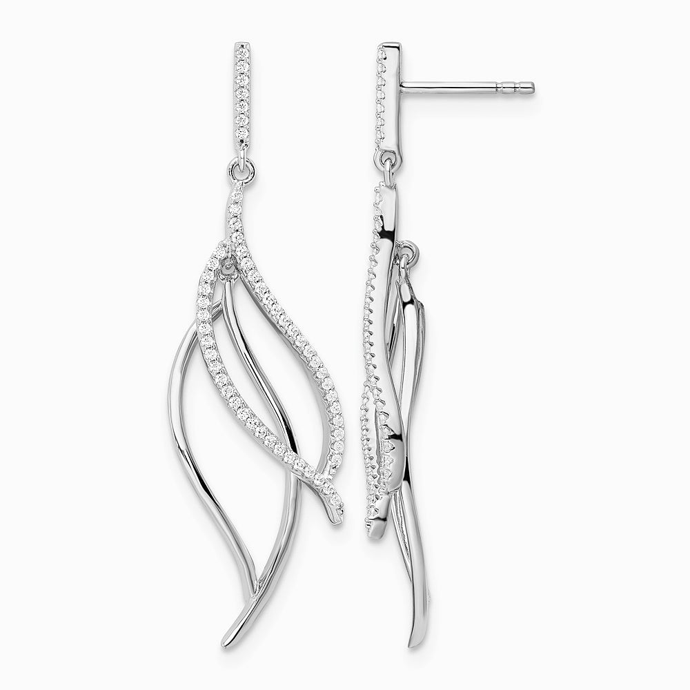 Sterling Silver Rhodium-plated CZ Dangle Leaf Earrings