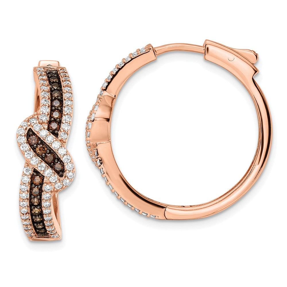 Sterling Silver Rose-tone Blk Rhodium-plate CZ Fancy Hinged Hoop Earrings - Product Photo
