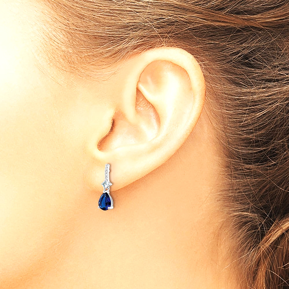 Sterling Silver Rhodium-plated CZ and Blue Glass Post Dangle Earrings - Product Photo