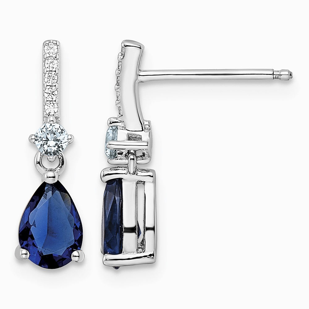 Sterling Silver Rhodium-plated CZ and Blue Glass Post Dangle Earrings - Product Photo