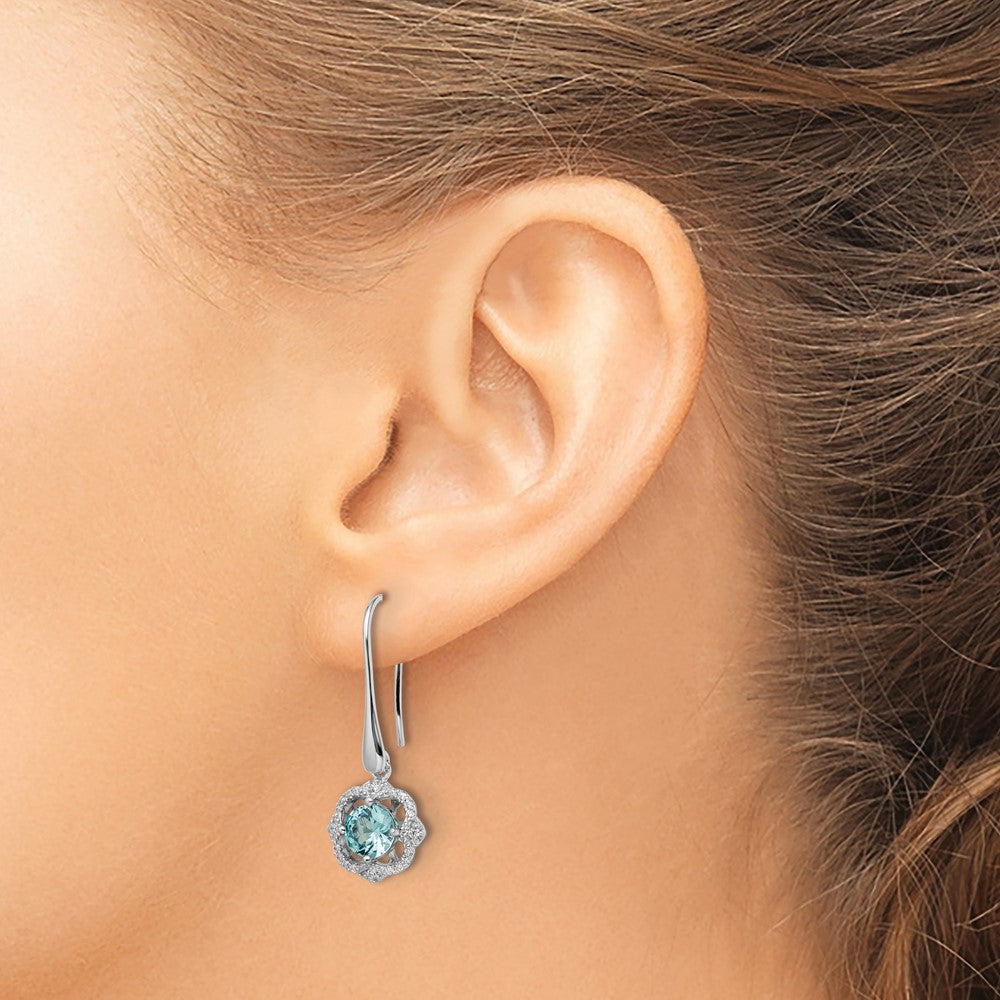 Sterling Silver Rhodium plated Aqua & White CZ Dangle Earrings - Product Photo