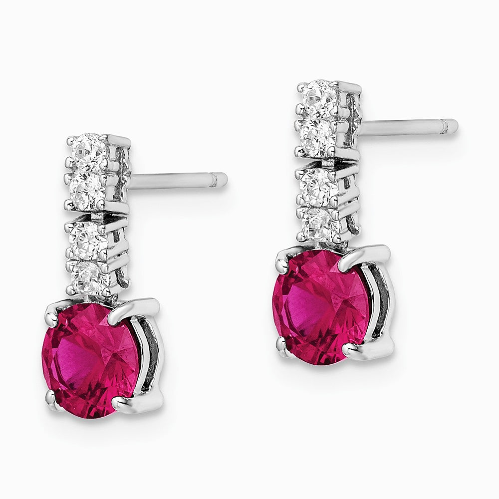 Sterling Silver Rhodium-plated Created Ruby and CZ Post Dangle Earrings - Product Photo
