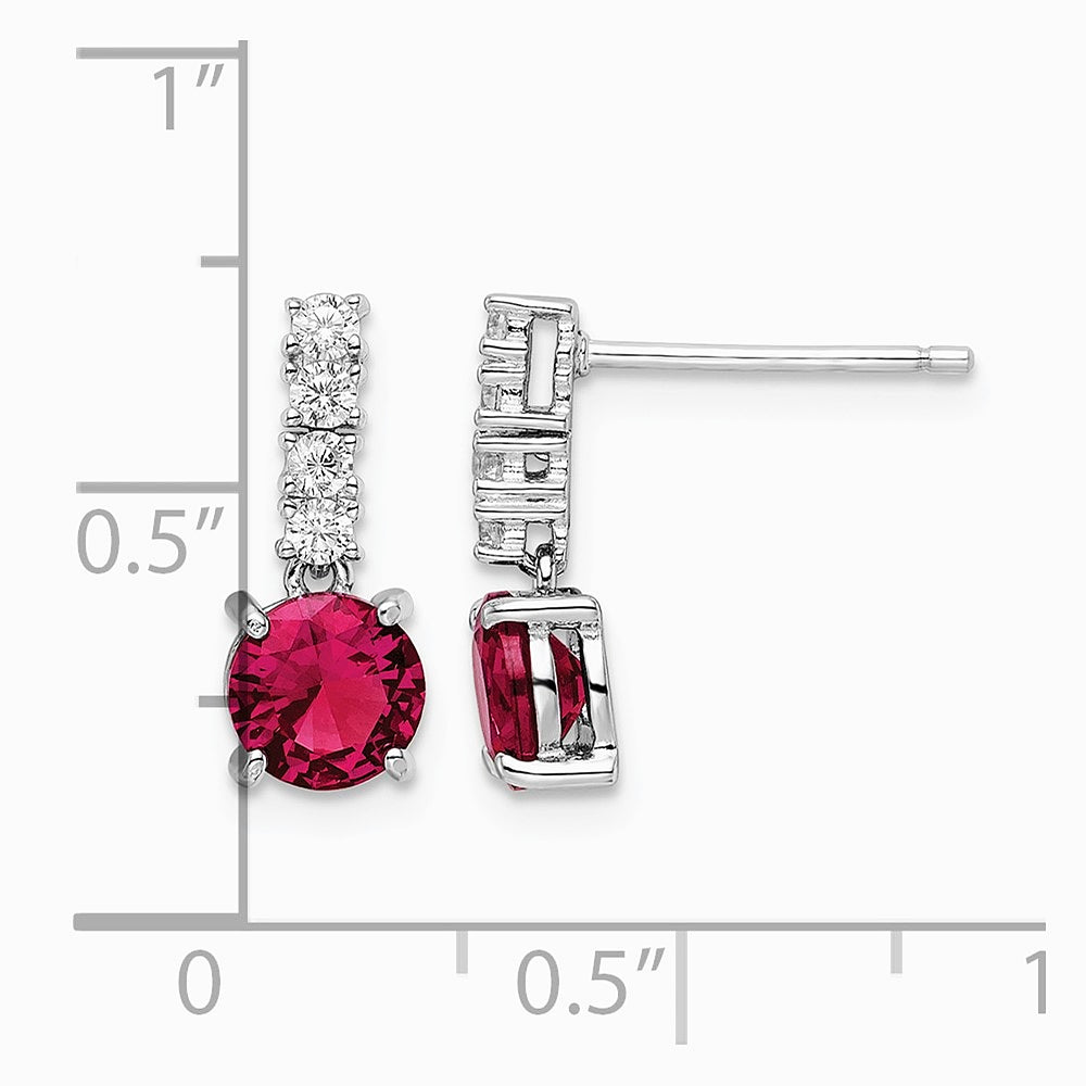 Sterling Silver Rhodium-plated Created Ruby and CZ Post Dangle Earrings - Product Photo