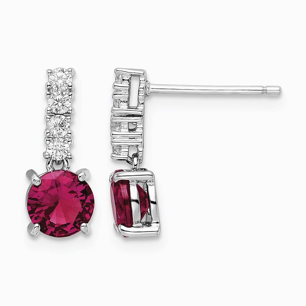 Sterling Silver Rhodium-plated Created Ruby and CZ Post Dangle Earrings - Product Photo