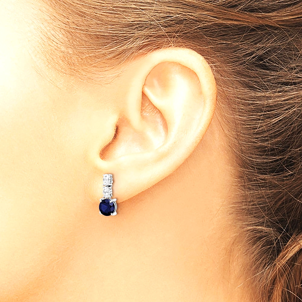 Sterling Silver Polished Rhodium Cr. Blue Spinel and CZ Post Dangle Earring - Product Photo