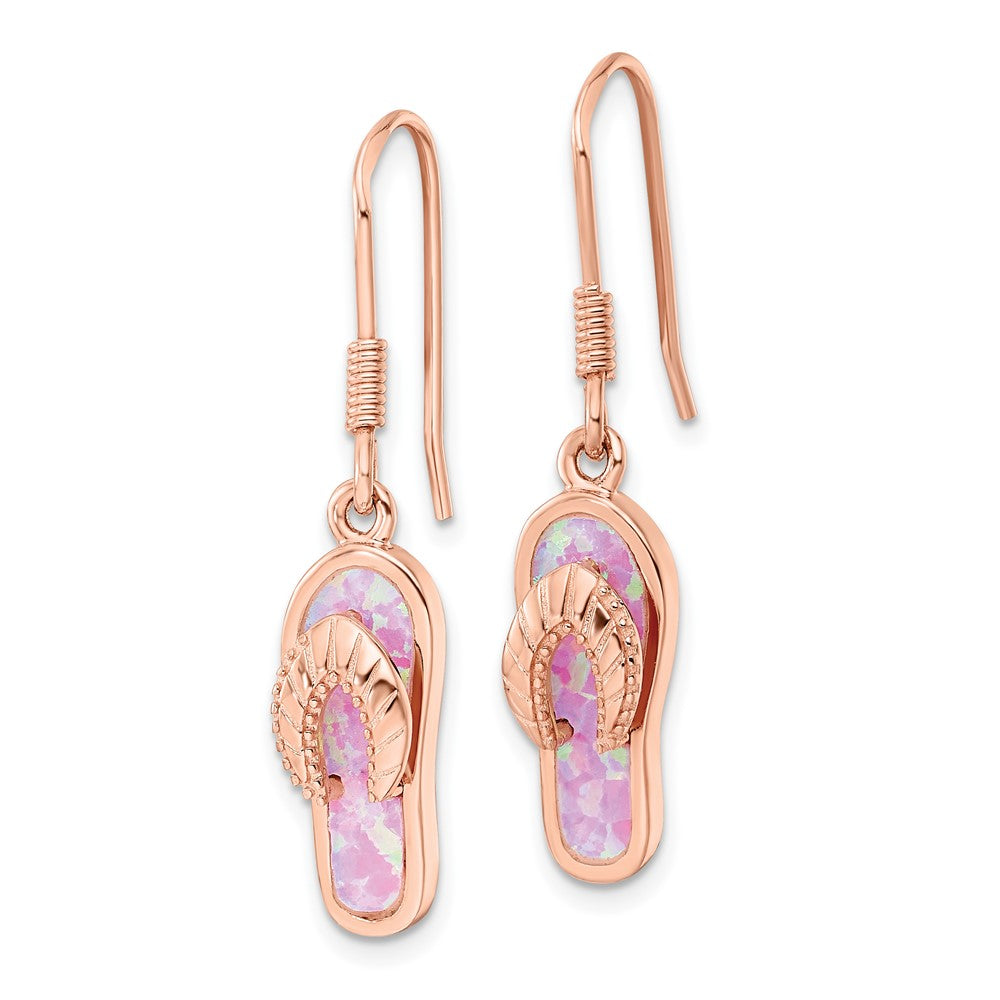Sterling Silver Rose-tone Pink Created Opal Inlay Flip Flop Dangle Earrings - Product Photo