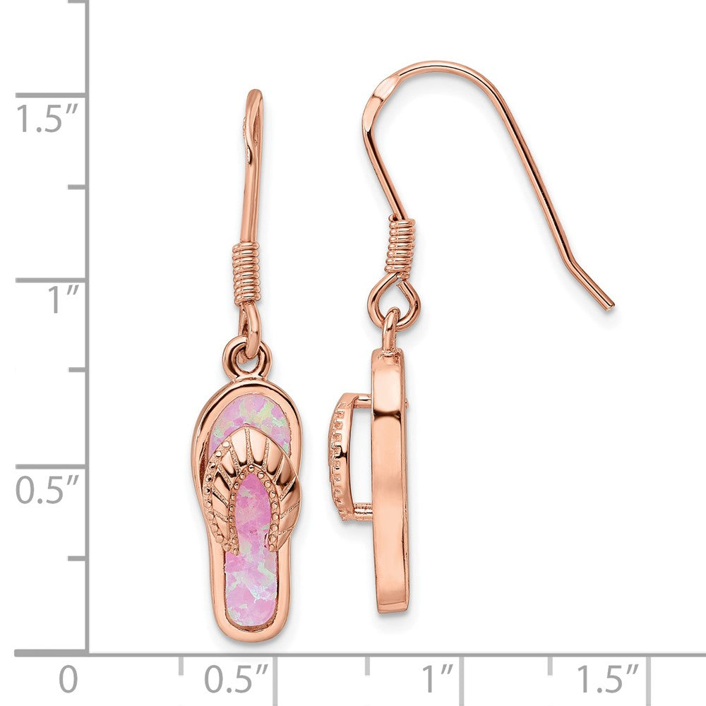 Sterling Silver Rose-tone Pink Created Opal Inlay Flip Flop Dangle Earrings - Product Photo