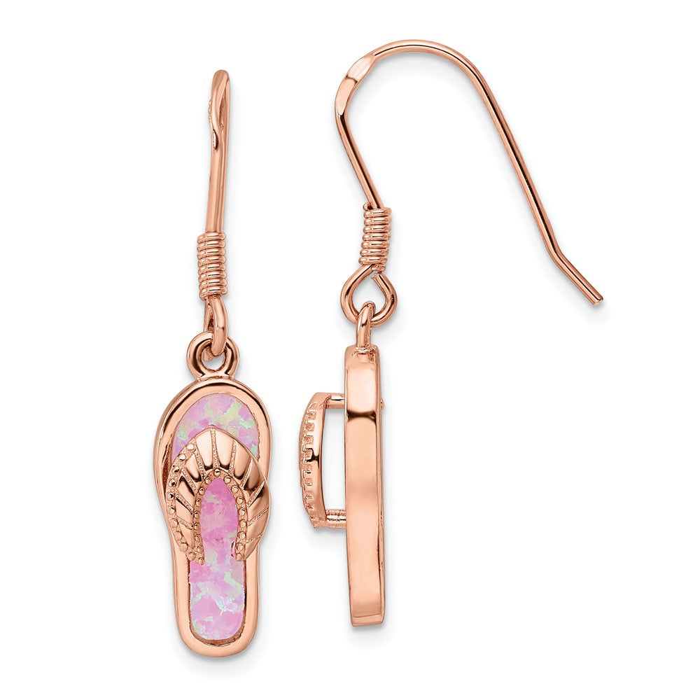 Sterling Silver Rose-tone Pink Created Opal Inlay Flip Flop Dangle Earrings - Product Photo