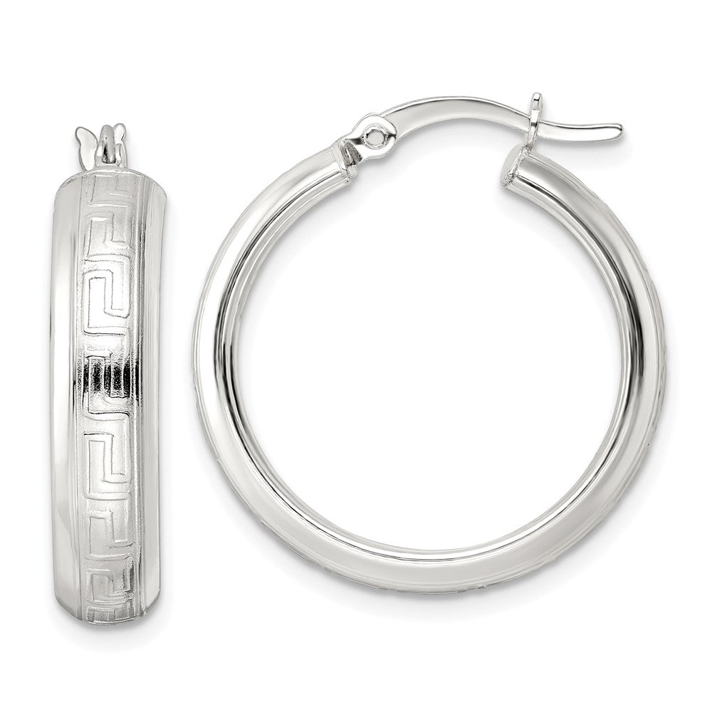 Sterling Silver Polished Greek Key Circle Hoop Earrings - Product Photo