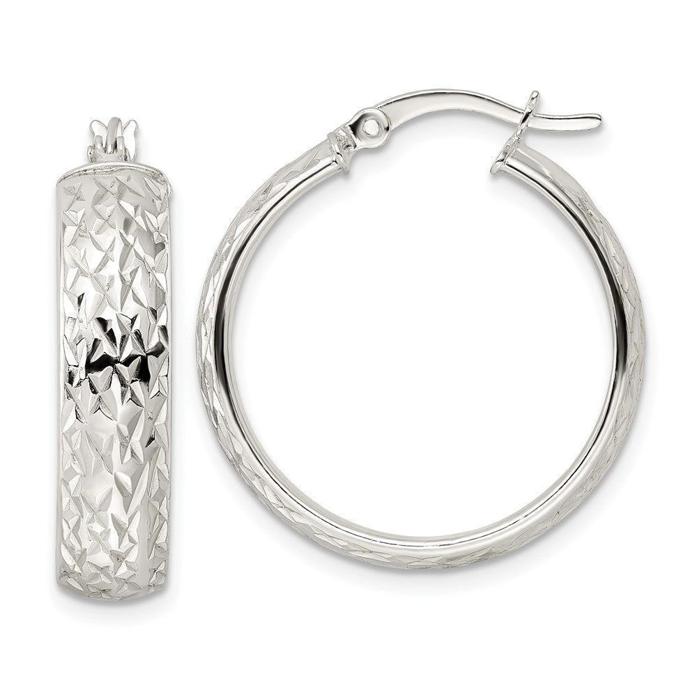 Sterling Silver Diamond-cut 6x25mm Hoop Earrings - Product Photo