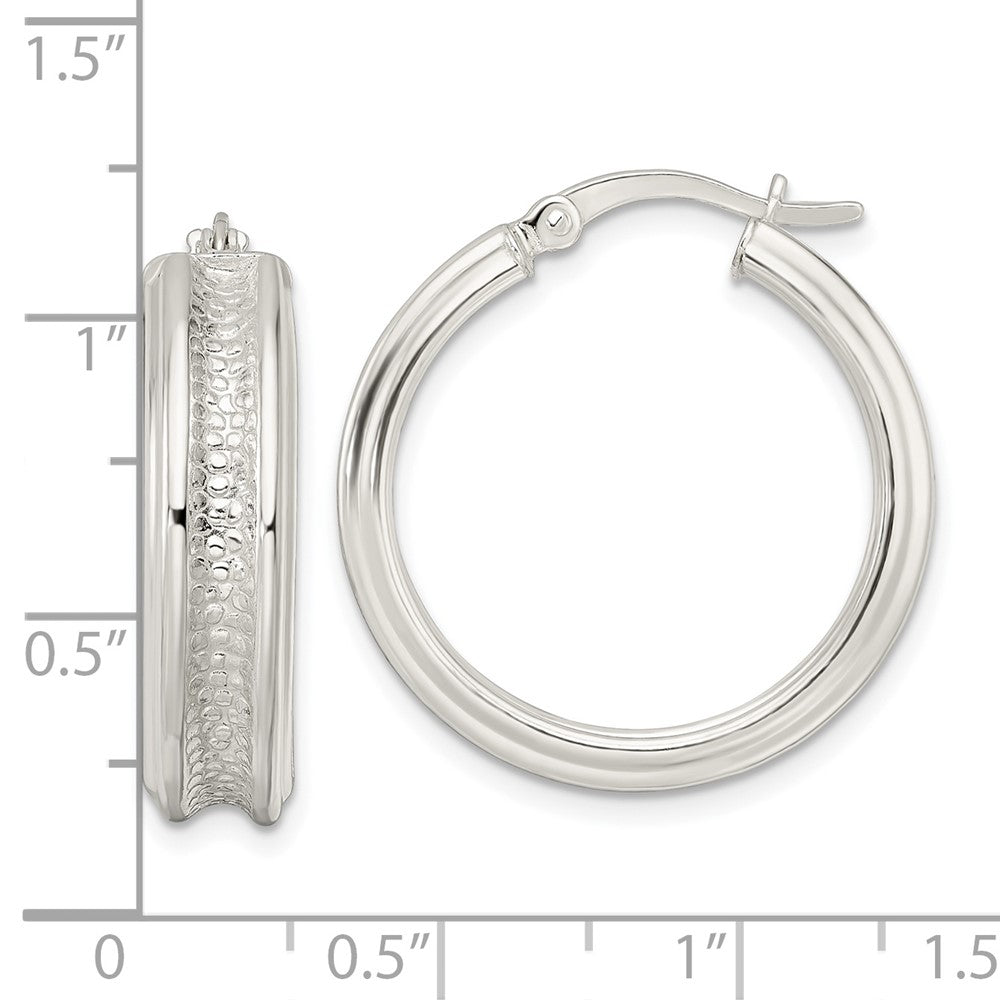 Sterling Silver Polished and Textured Circle Hoop Earrings - Product Photo