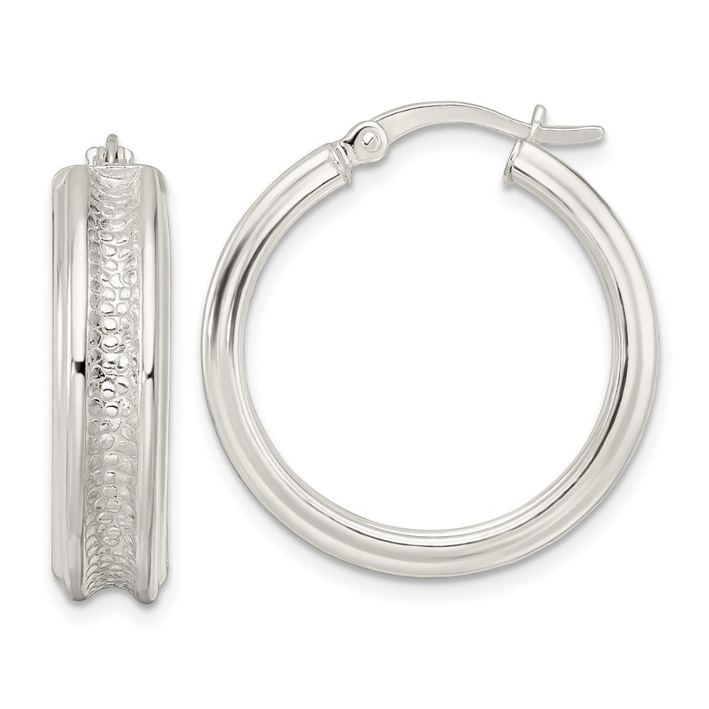 Sterling Silver Polished and Textured Circle Hoop Earrings - Product Photo