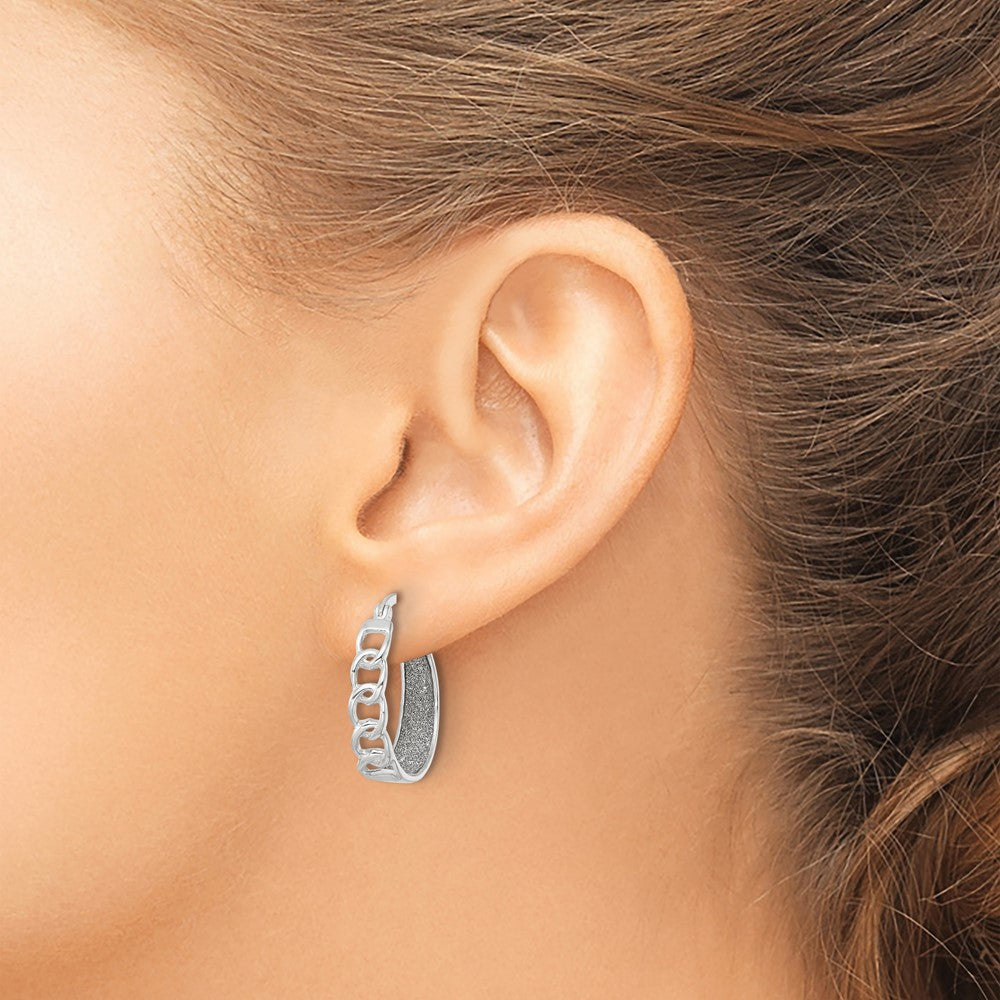 Sterling Silver Polished Fabric Glitter Hoop & Links Round Hoop Earrings - Product Photo