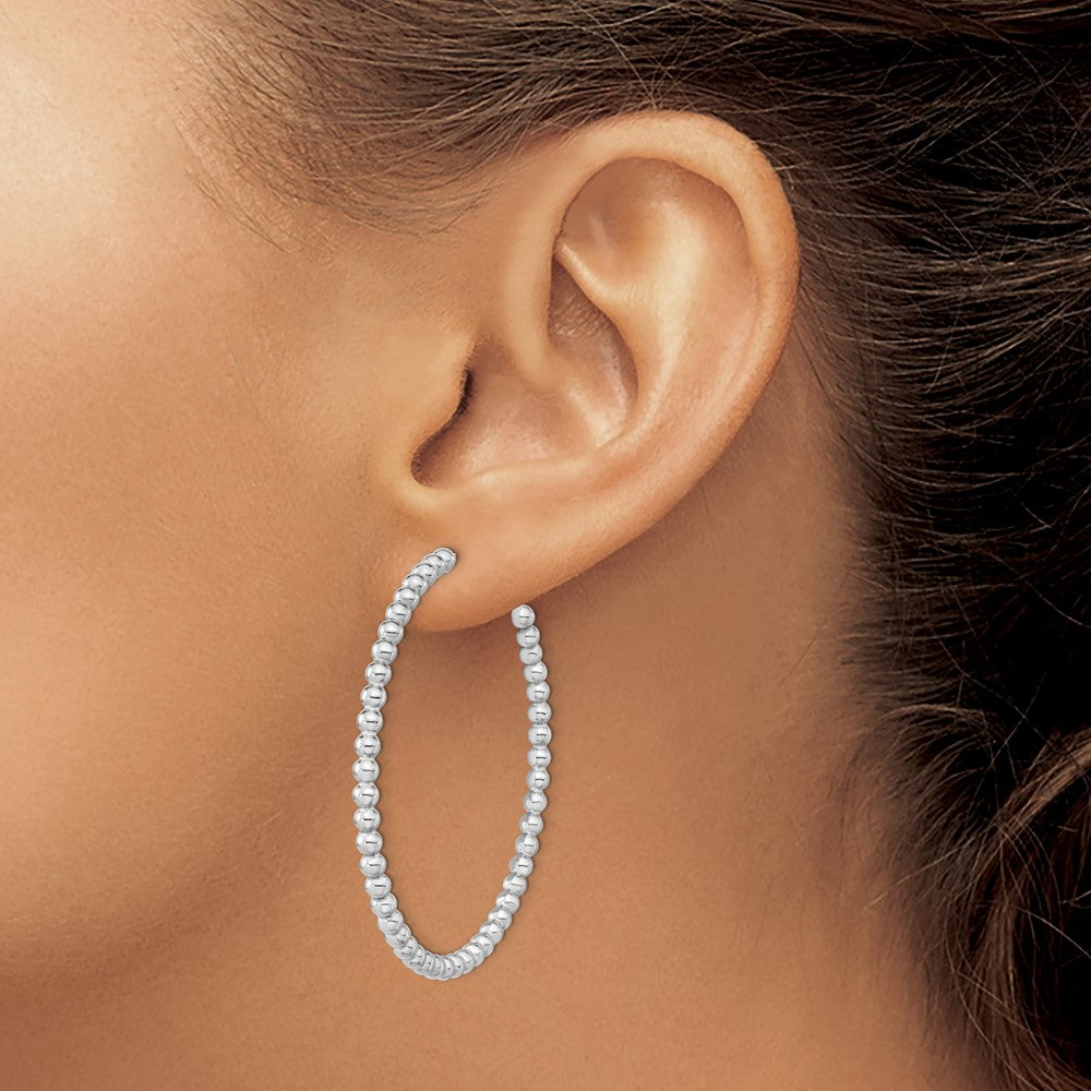 Sterling Silver Rhodium-plated Polished Beaded Hoop Post Earrings - Product Photo