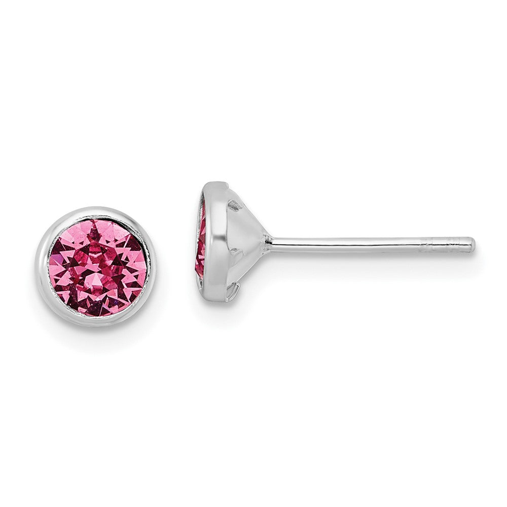 Sterling Silver Rhod-plated Polished 5mm Pink Crystal Bezel Stud Earrings - Product Photo