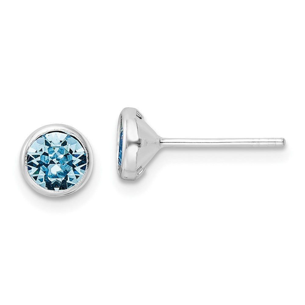 Sterling Silver Rhodium-plated Polished Blue Crystal Bezel Stud Earrings - Product Photo