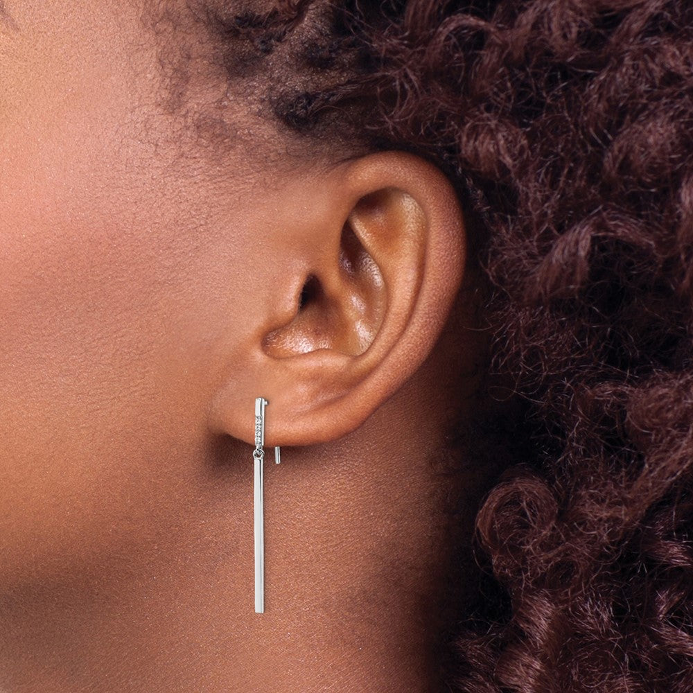 Sterling Silver Rhodium-plated Polished CZ Bar Dangle Earrings - Product Photo