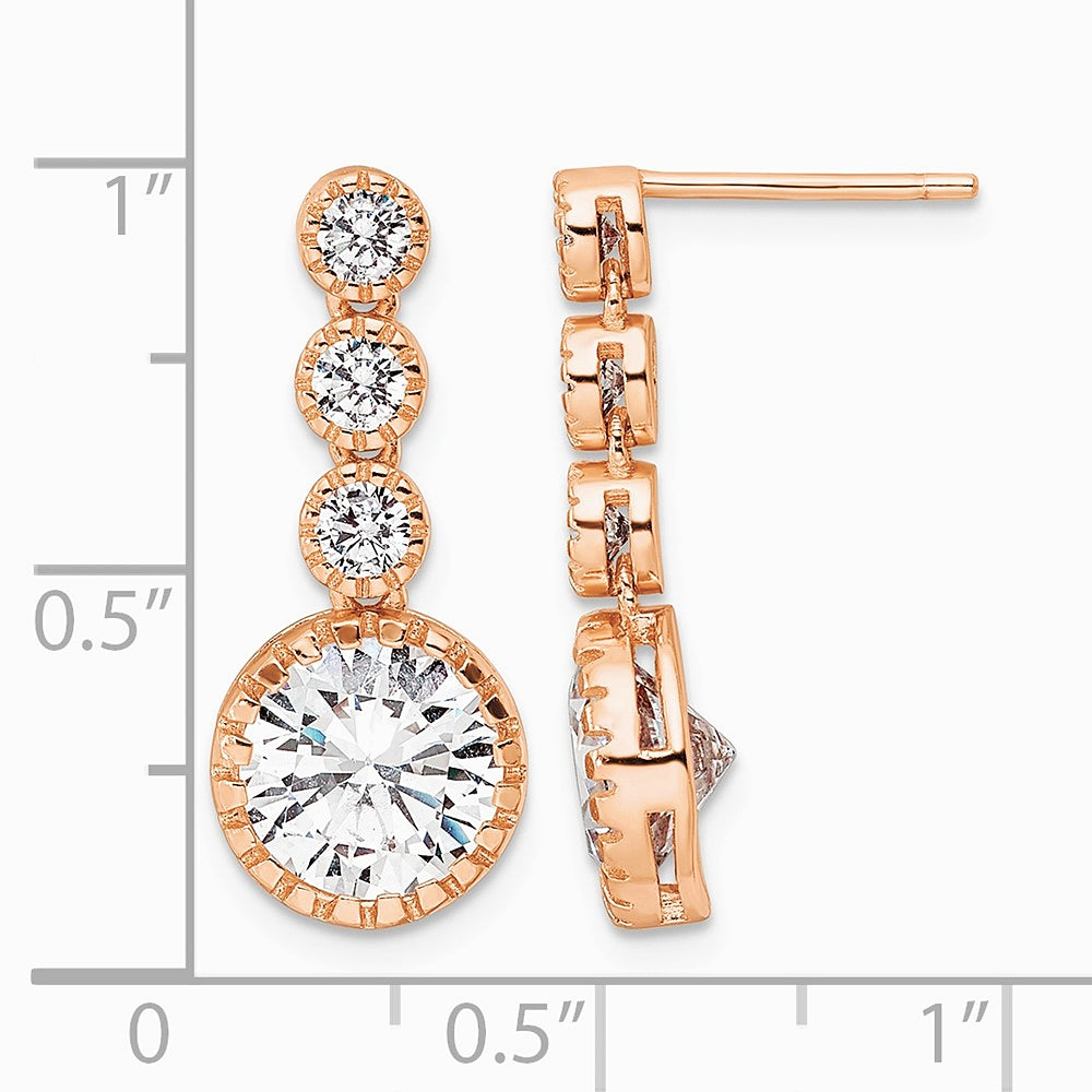 Sterling Silver Rose-tone Polished Round CZ Post Dangle Earrings - Product Photo
