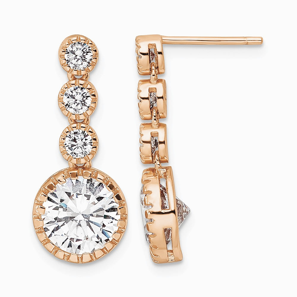 Sterling Silver Rose-tone Polished Round CZ Post Dangle Earrings