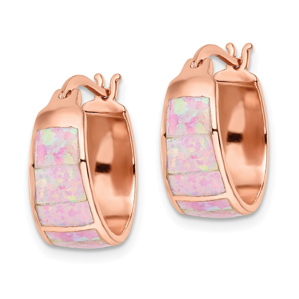 Sterling Silver Rose-tone Polished Pink Created Opal Inlay Hoop Earrings - Product Photo