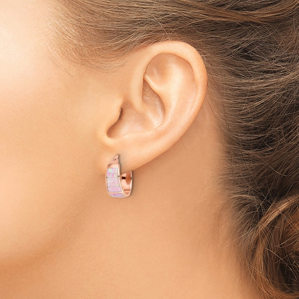 Sterling Silver Rose-tone Polished Pink Created Opal Inlay Hoop Earrings - Product Photo