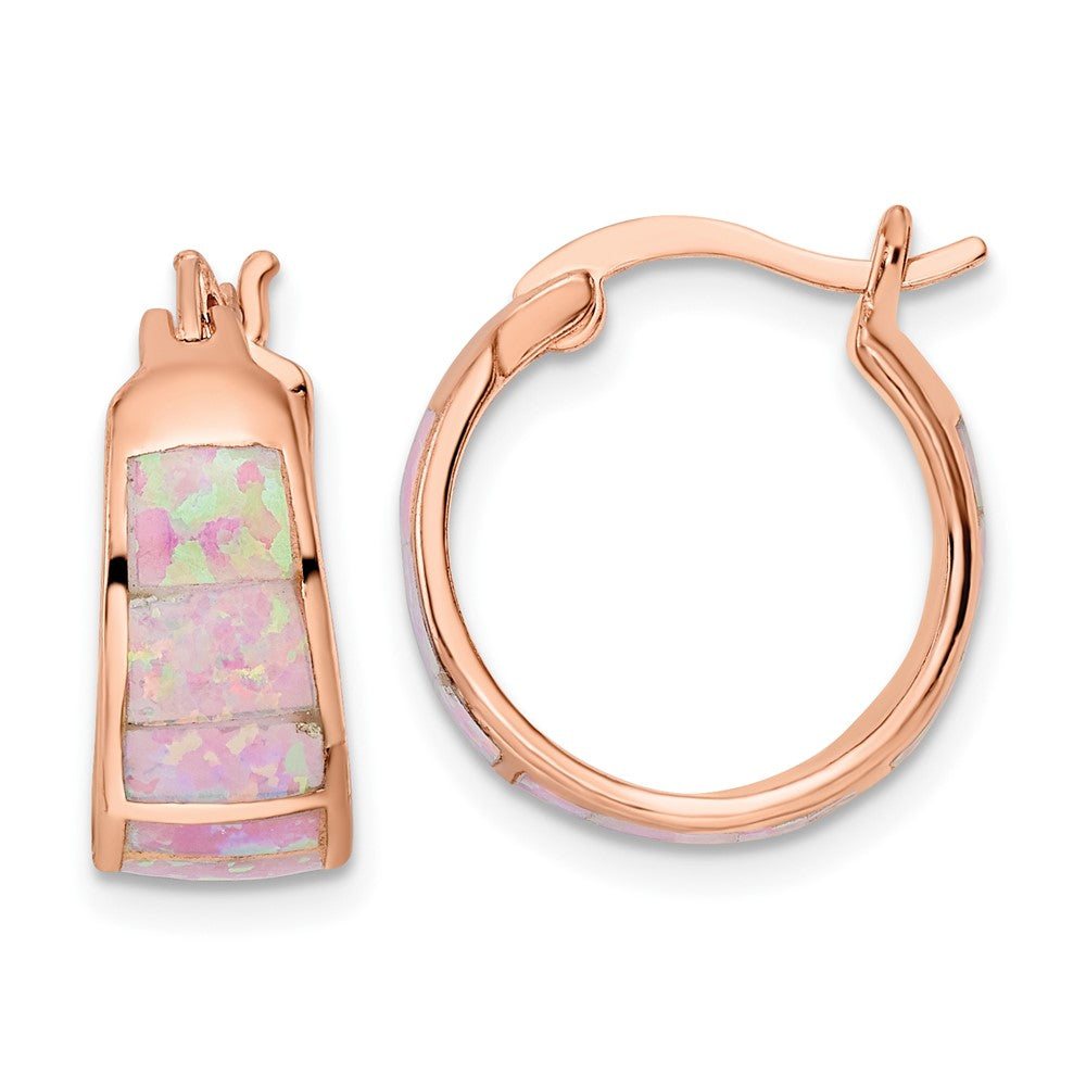 Sterling Silver Rose-tone Polished Pink Created Opal Inlay Hoop Earrings - Product Photo