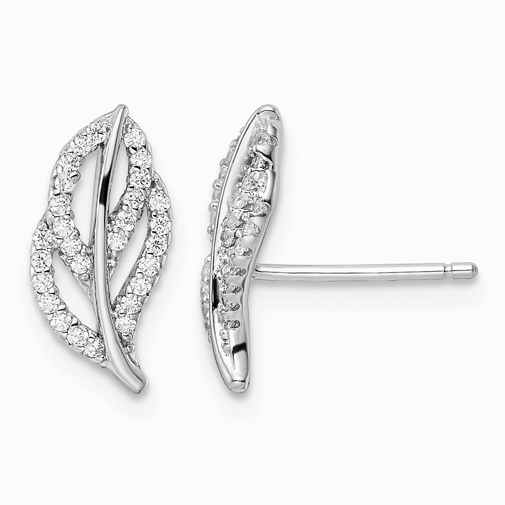 Sterling Silver Rhodium-plated Polished CZ Leaf Post Earrings