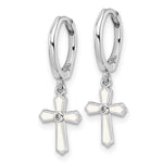 Sterling Silver RH-plated CZ White Enamel Cross Dangle Hoop Earrings - Product Photo