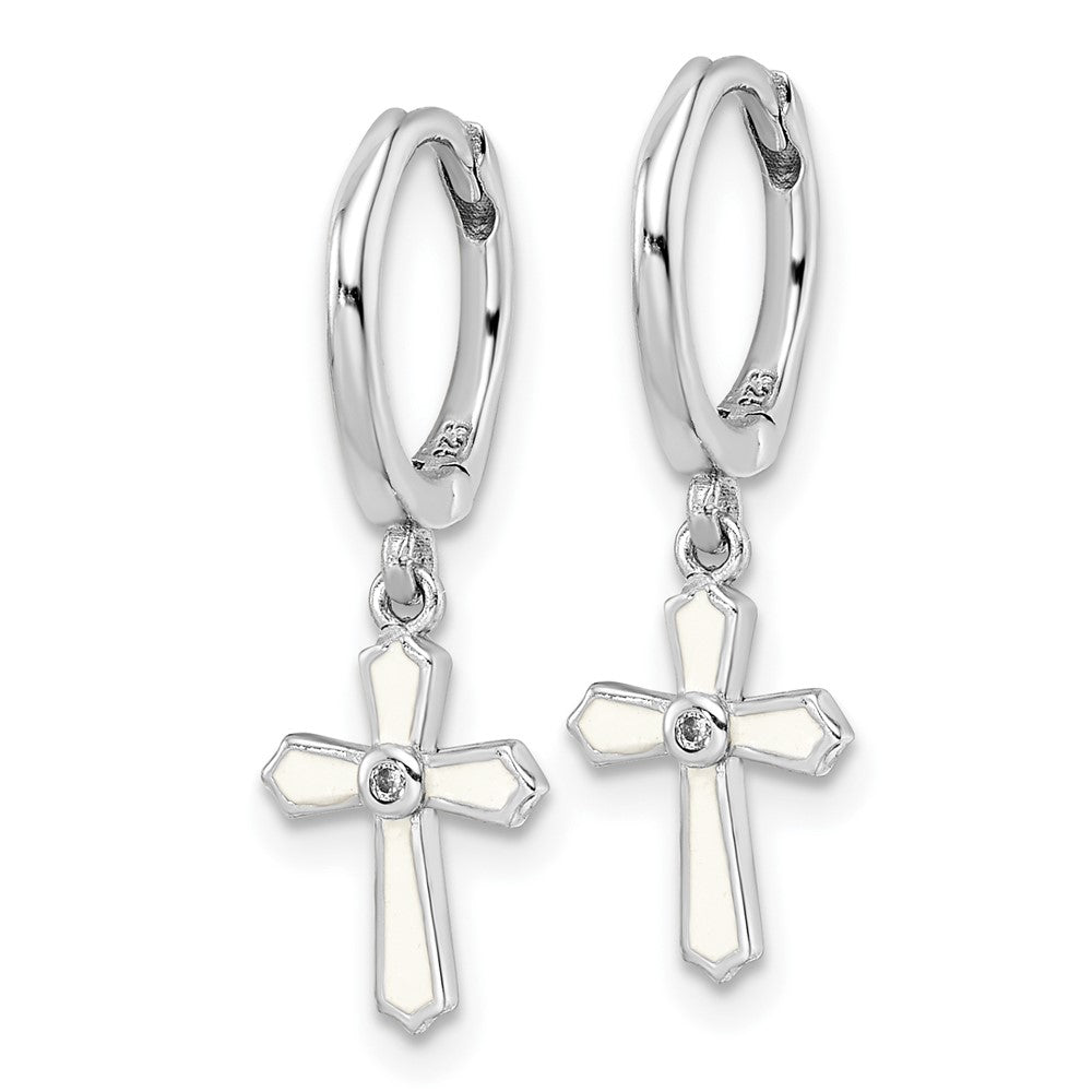 Sterling Silver RH-plated CZ White Enamel Cross Dangle Hoop Earrings - Product Photo