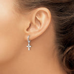 Sterling Silver RH-plated CZ White Enamel Cross Dangle Hoop Earrings - Product Photo