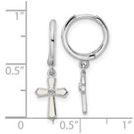 Sterling Silver RH-plated CZ White Enamel Cross Dangle Hoop Earrings - Product Photo