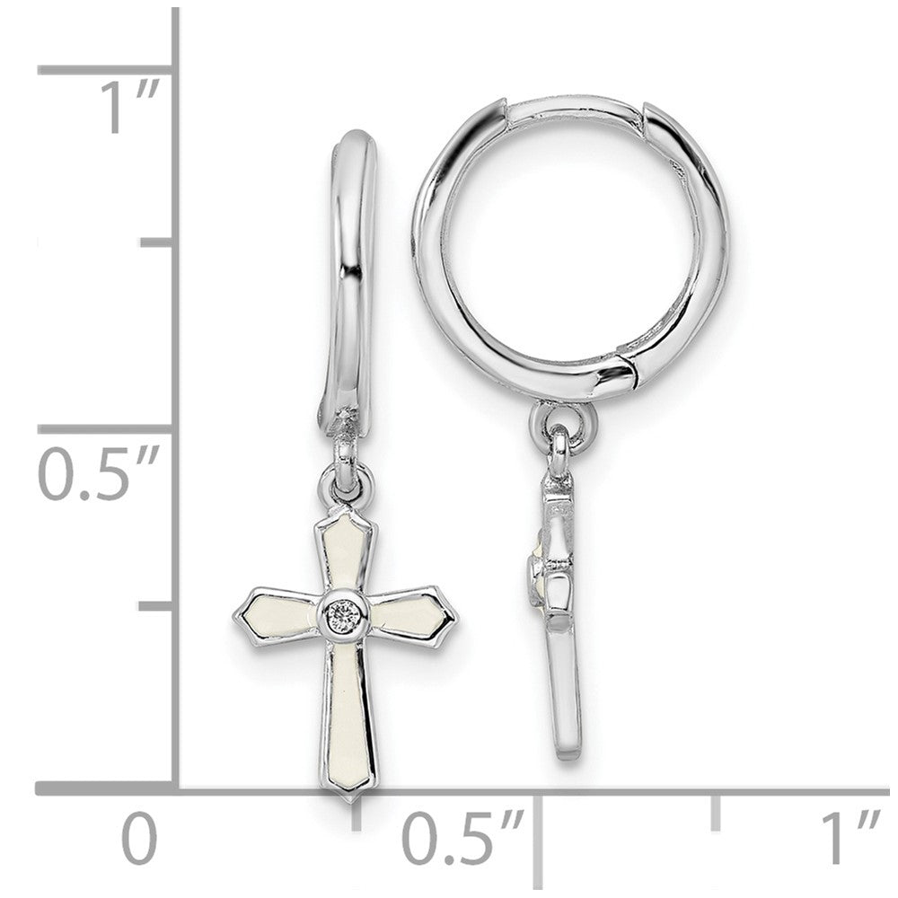 Sterling Silver RH-plated CZ White Enamel Cross Dangle Hoop Earrings - Product Photo