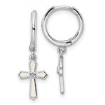 Sterling Silver RH-plated CZ White Enamel Cross Dangle Hoop Earrings - Product Photo