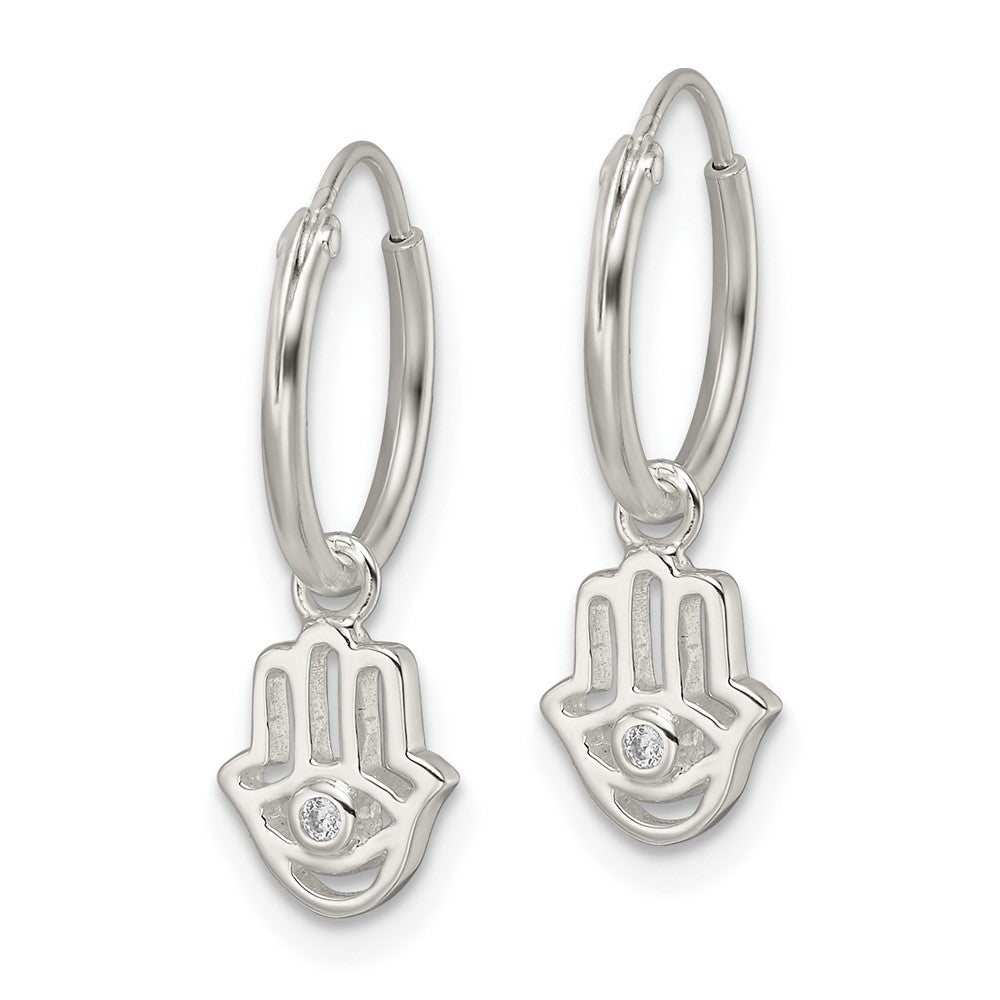 Sterling Silver Polished CZ Hamsa Dangle Endless Round Hoop Earrings - Product Photo