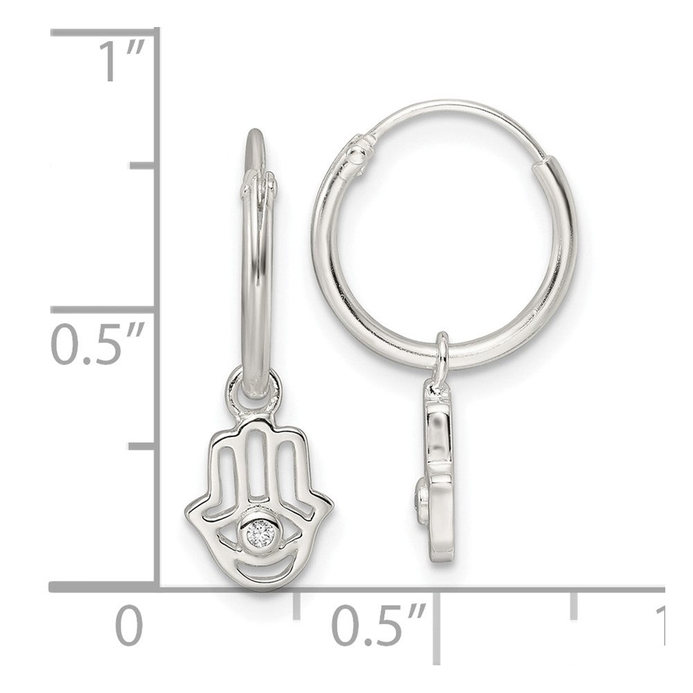 Sterling Silver Polished CZ Hamsa Dangle Endless Round Hoop Earrings - Product Photo