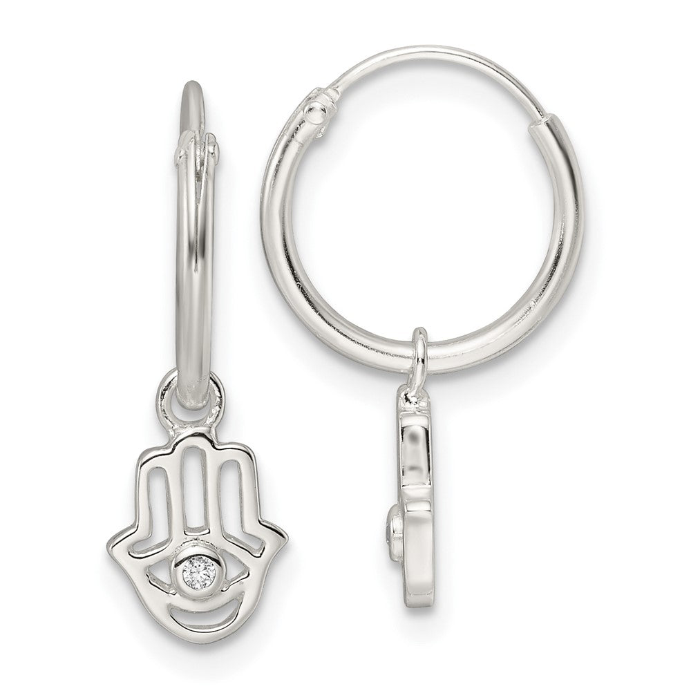 Sterling Silver Polished CZ Hamsa Dangle Endless Round Hoop Earrings - Product Photo