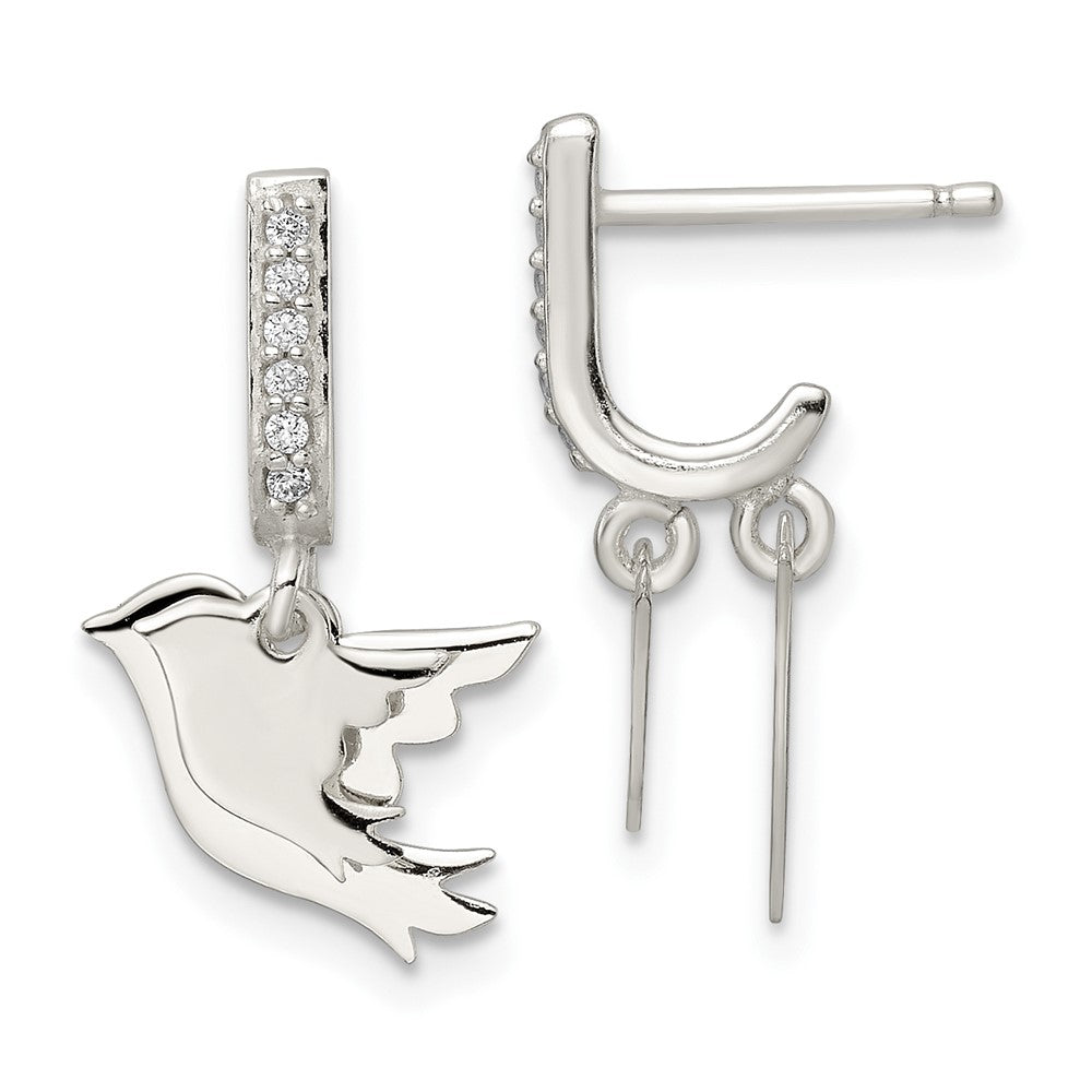 Sterling Silver Polished CZ Two Doves J-Hoop Post Earrings - Product Photo