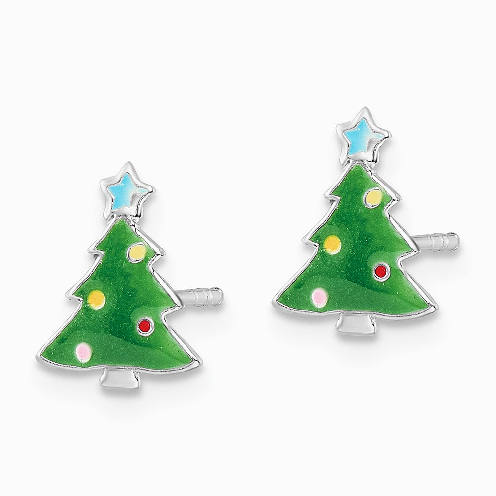 Sterling Silver Rhodium-plated Enamel Christmas Tree Post Earrings - Product Photo