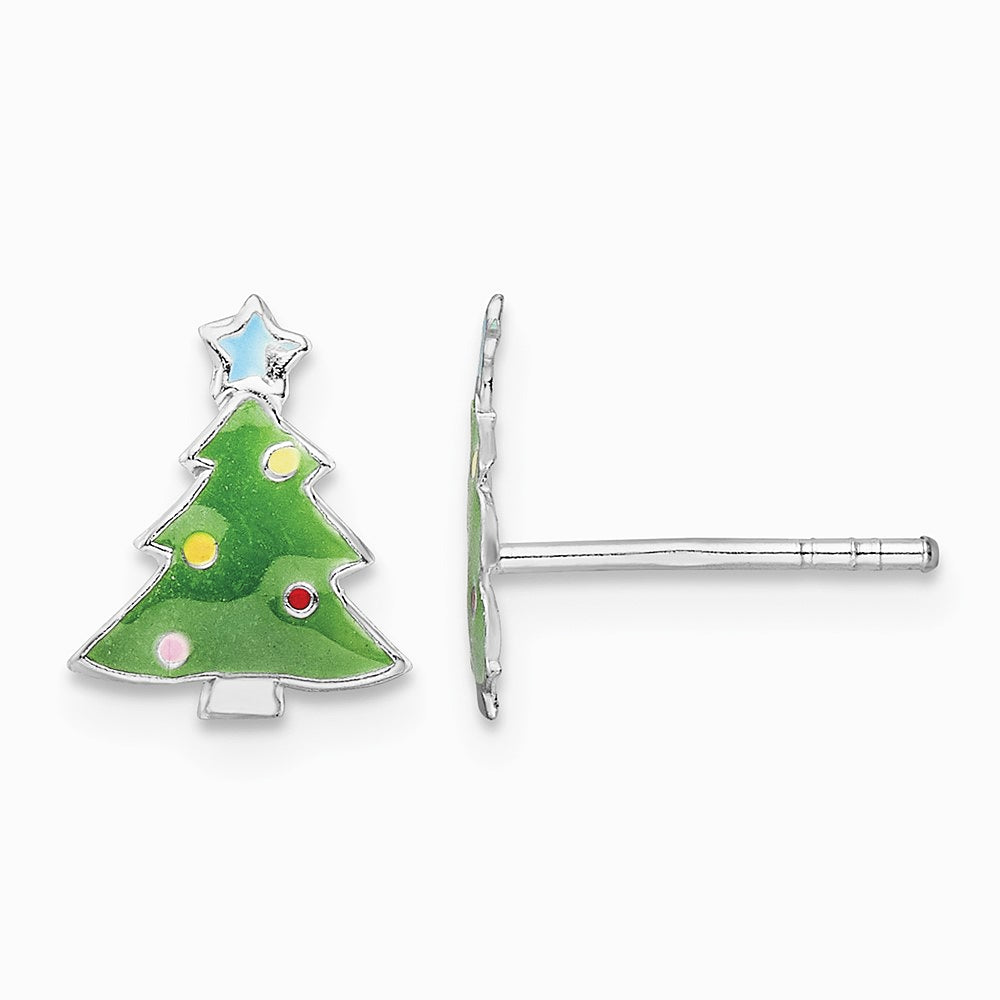 Sterling Silver Rhodium-plated Enamel Christmas Tree Post Earrings - Product Photo