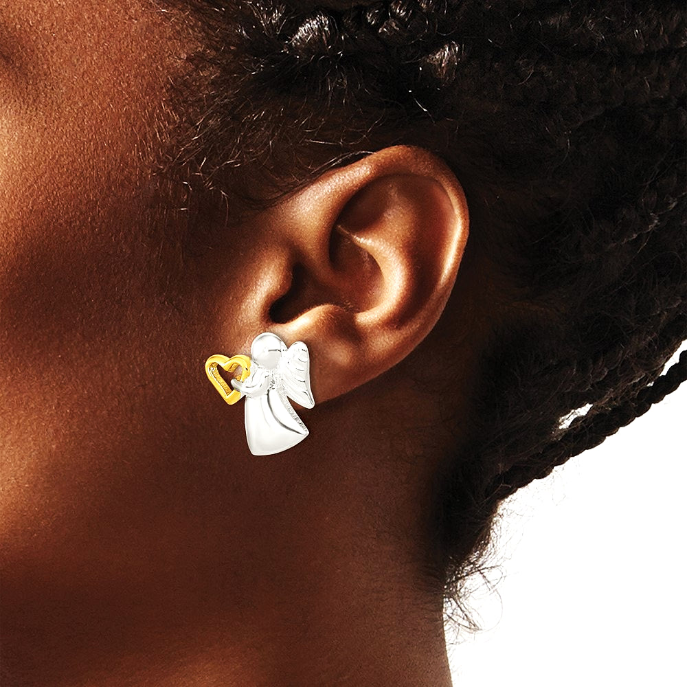 Sterling Silver Angel Gold-plated Heart Polished Post Earrings - Product Photo