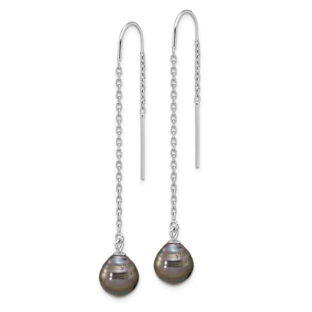 Sterling Silver Rhodium-plated Black Tahitian Pearl Threader Earrings - Product Photo