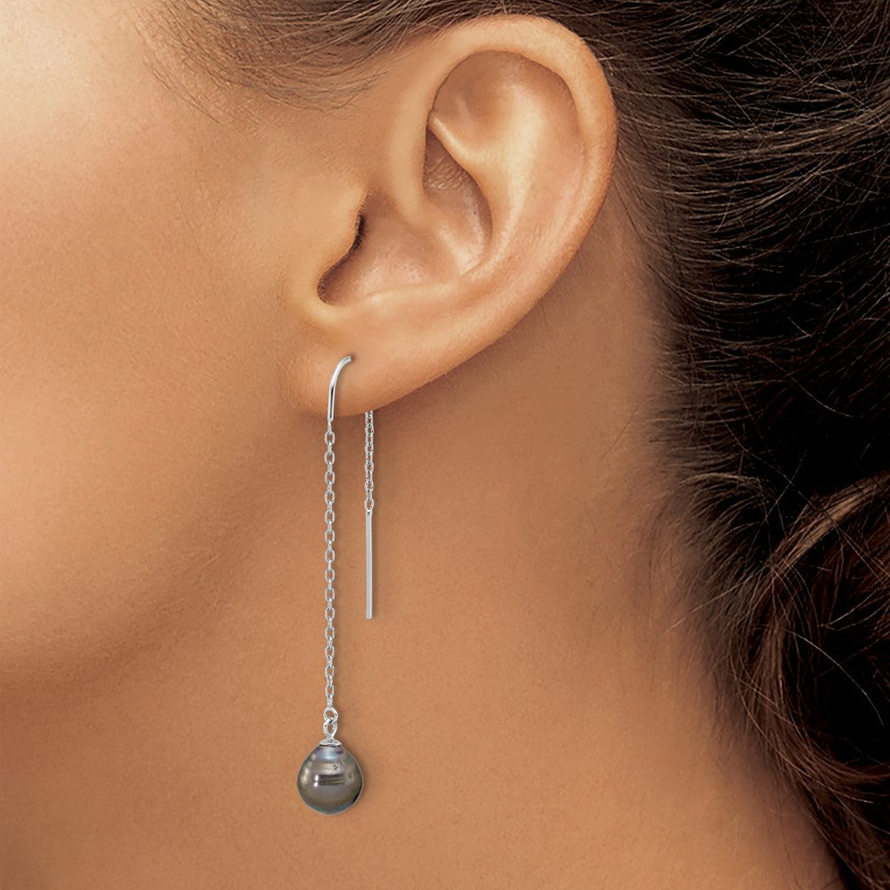 Sterling Silver Rhodium-plated Black Tahitian Pearl Threader Earrings - Product Photo