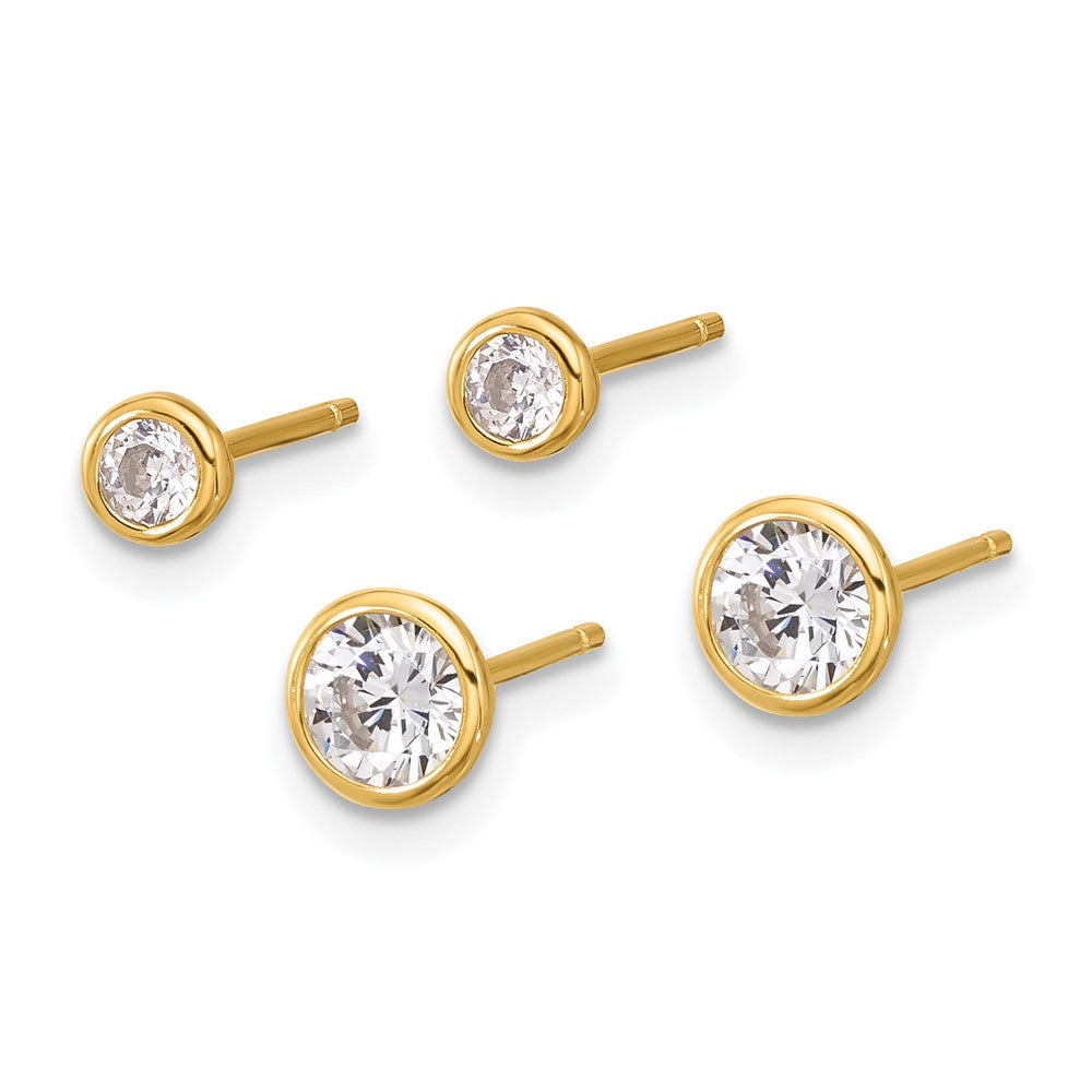 Sterling Silver Gold-tone 3mm and 5mm CZ Bezel Post Earrings Set - Product Photo