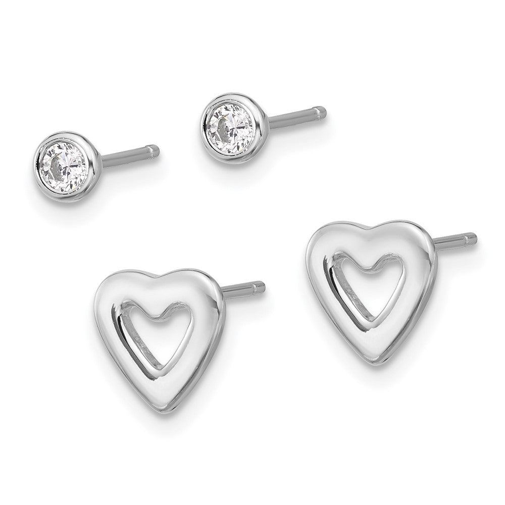 Sterling Silver Rhodium-plated CZ and Heart Post Earrings Set - Product Photo