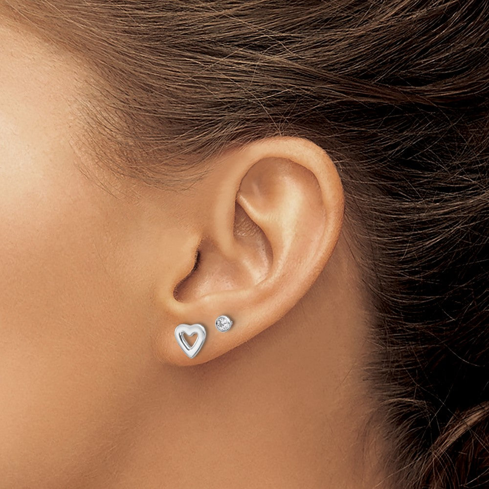 Sterling Silver Rhodium-plated CZ and Heart Post Earrings Set - Product Photo