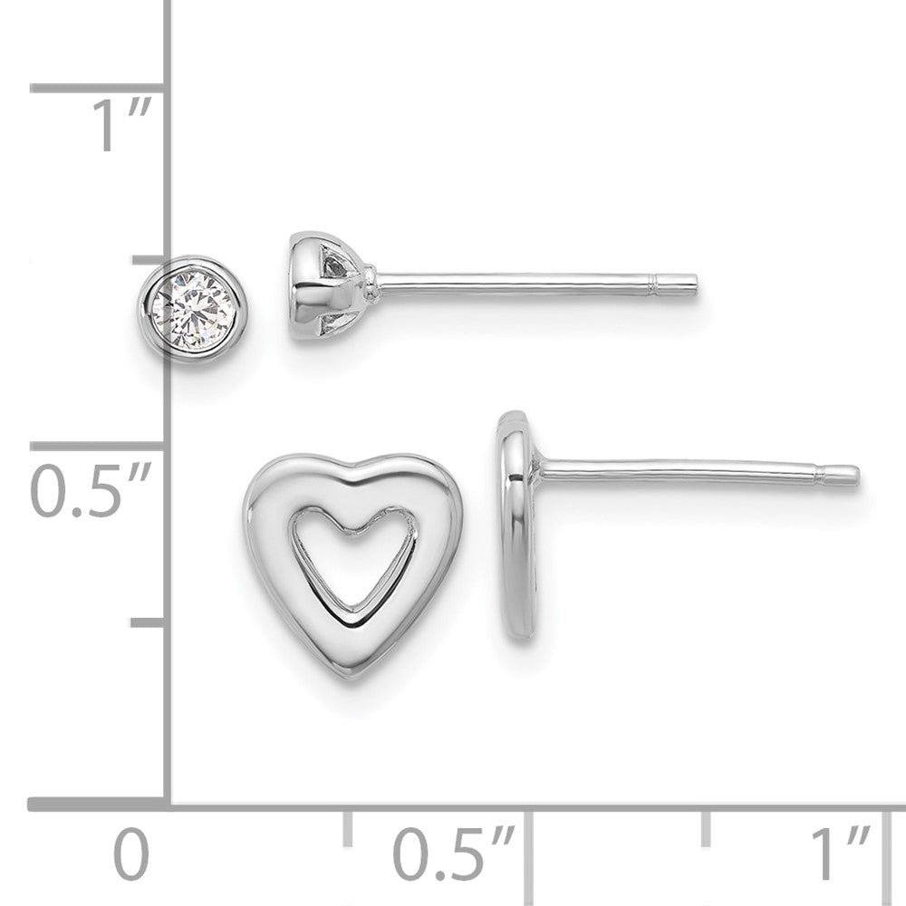 Sterling Silver Rhodium-plated CZ and Heart Post Earrings Set - Product Photo