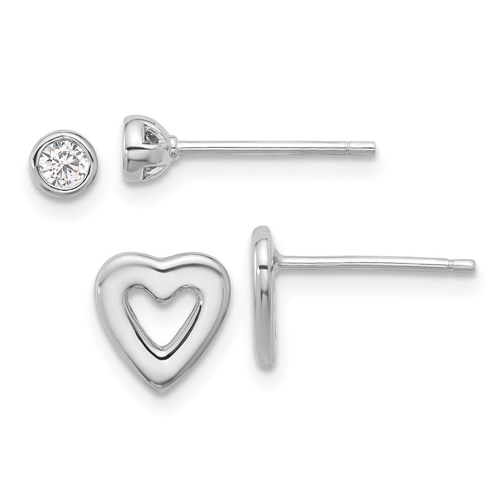 Sterling Silver Rhodium-plated CZ and Heart Post Earrings Set - Product Photo