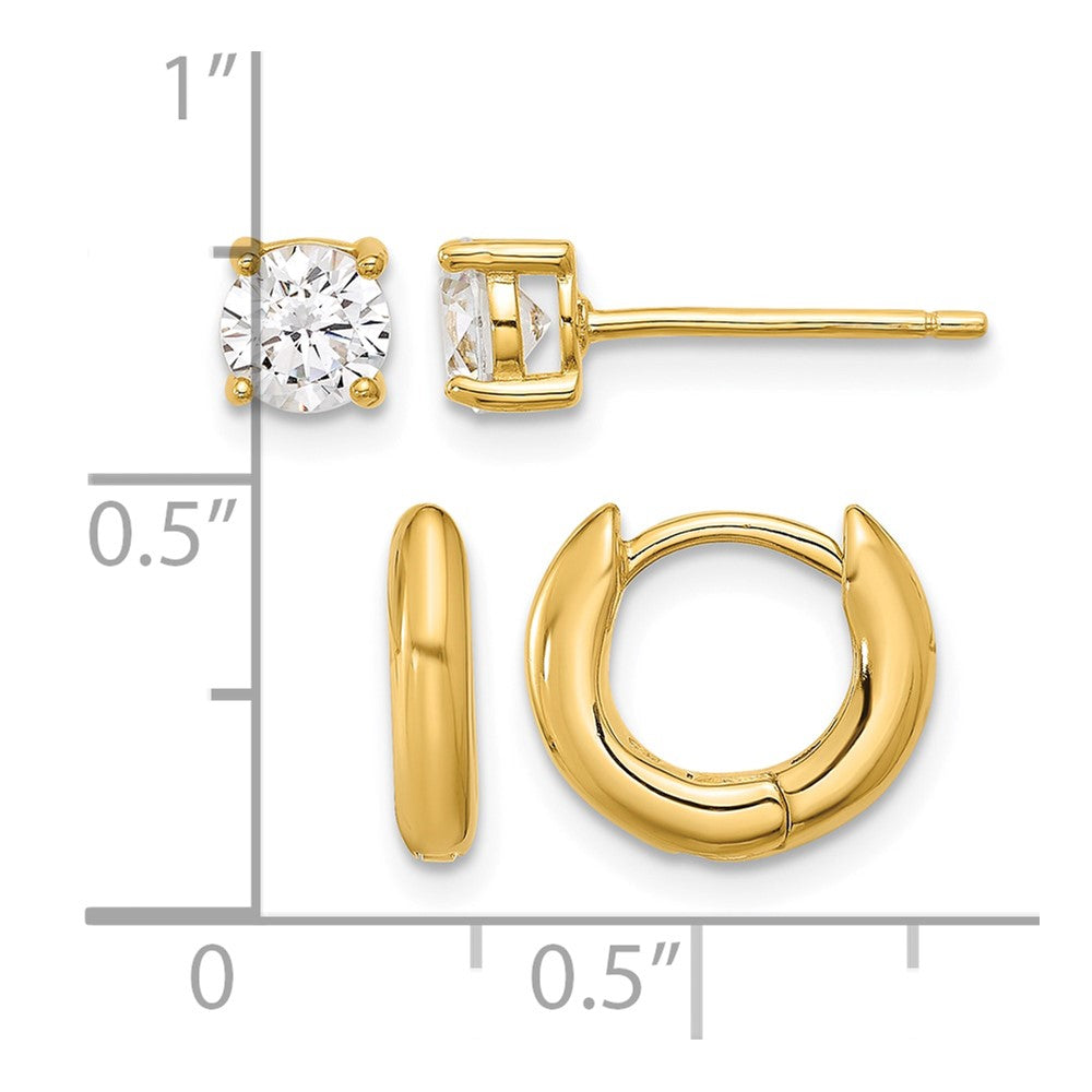Sterling Silver Gold-tone 2.5mm Huggie Hoops/5mm CZ Stud Earrings Set - Product Photo