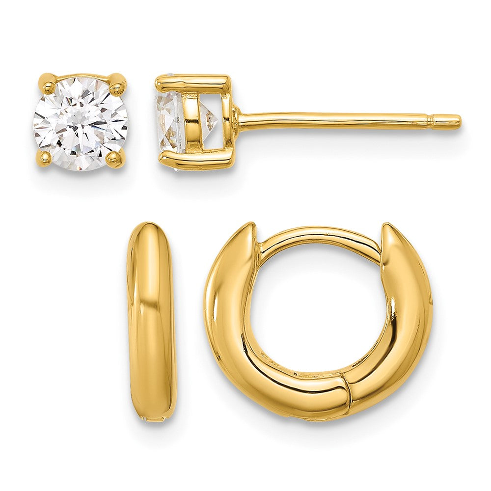 Sterling Silver Gold-tone 2.5mm Huggie Hoops/5mm CZ Stud Earrings Set - Product Photo
